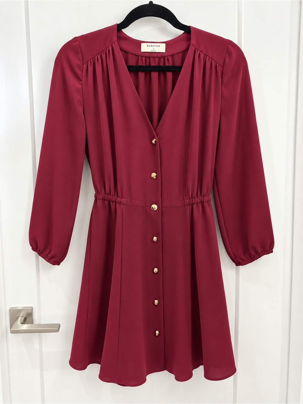 BNWOT - Babaton Burgundy Button-Front V-Neck Long Sleeve Dress